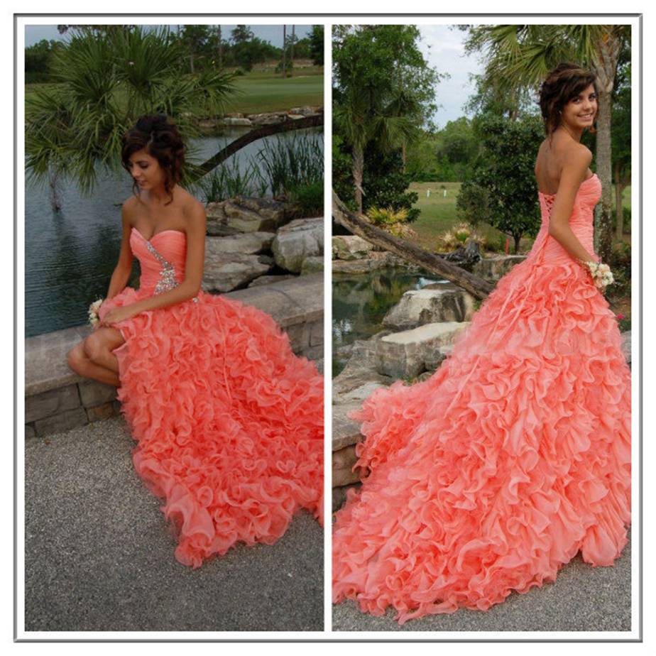 Long Coral Prom Dresses Short In Front Long In Back Hot&Sexy Sweetheart