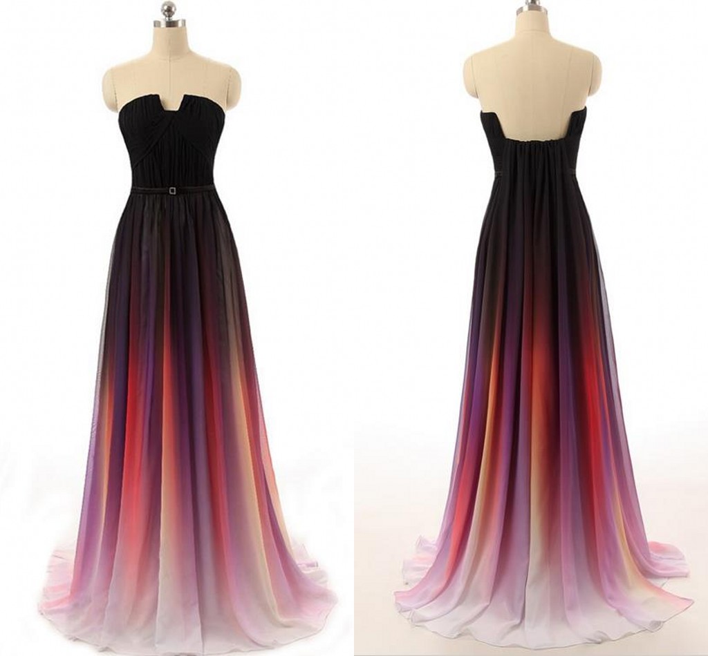 New Cheap Gradient Ombre Chiffon Prom Dress Evening Dress Strapless With Pleats Women Dress On 2093