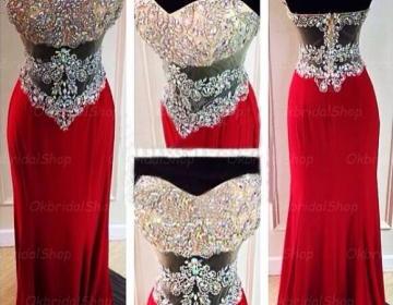 Red Sexy Prom Gowns 2015 Mermaid Sweetheart Backless Crystals Long